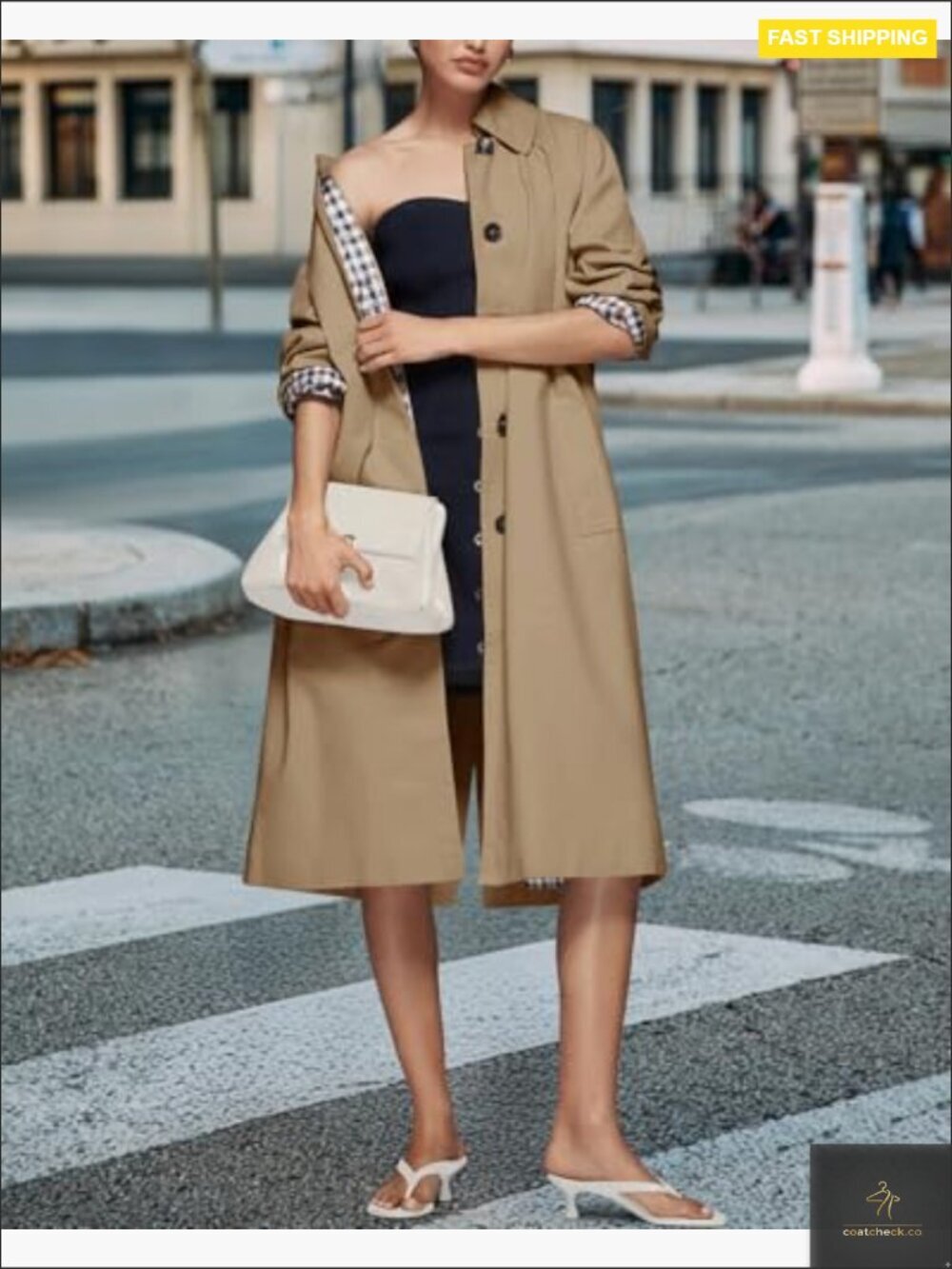Oversized Trench Coat Classic Lapel Single Breasted Plaid Lined Windproof - Picture 6 of 7